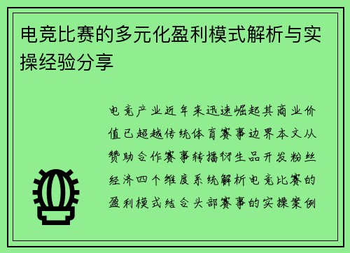 电竞比赛的多元化盈利模式解析与实操经验分享